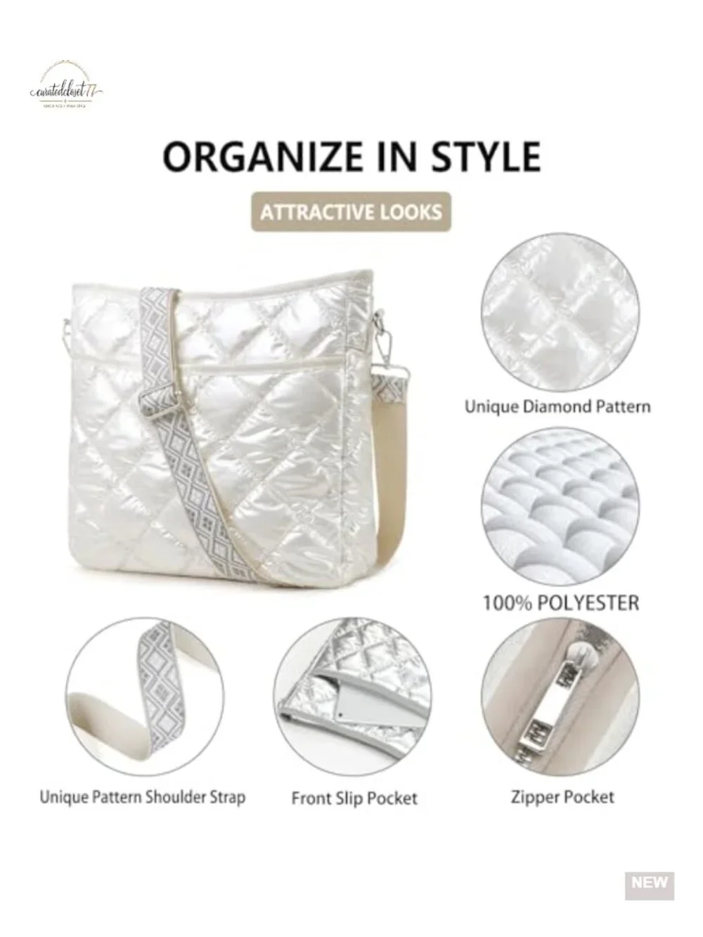 Quilted Crossbody Bag with Adjustable Patterned Strap, Puffer Shoulder Bag for